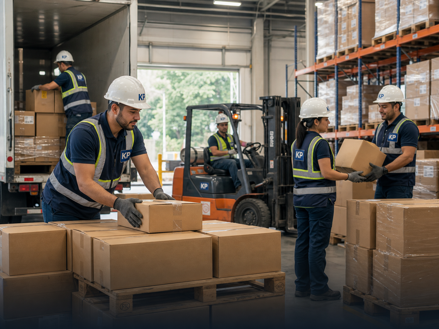 Equipo KP cargando cajas y organizando pallets en warehouse