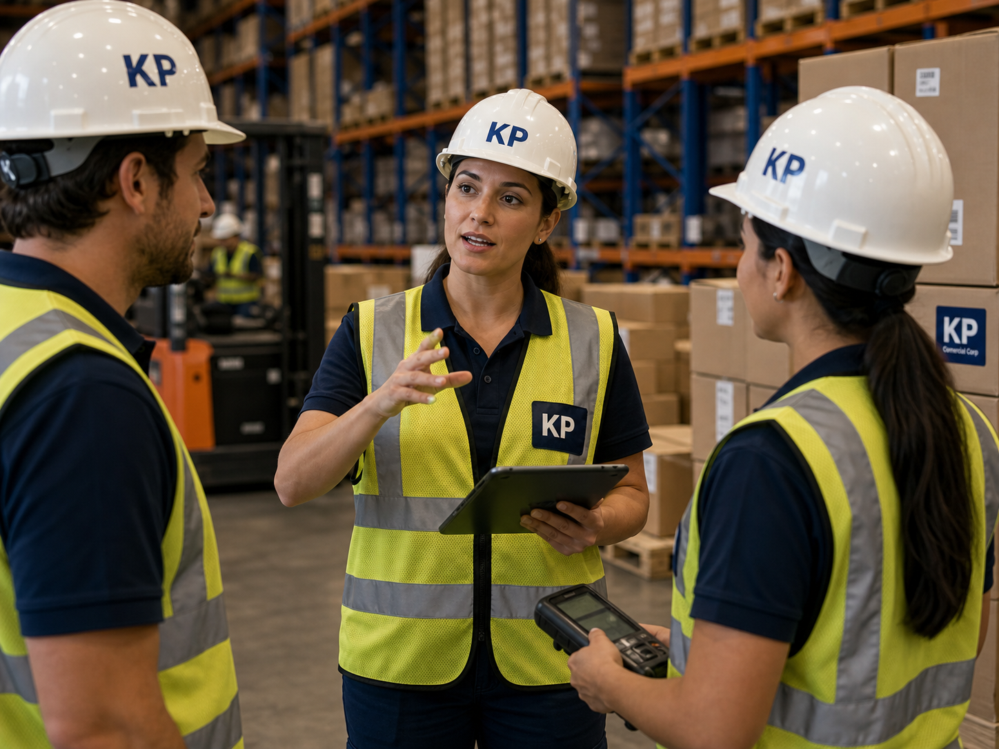 Supervisora KP explicando instrucciones de turno a trabajadores en warehouse