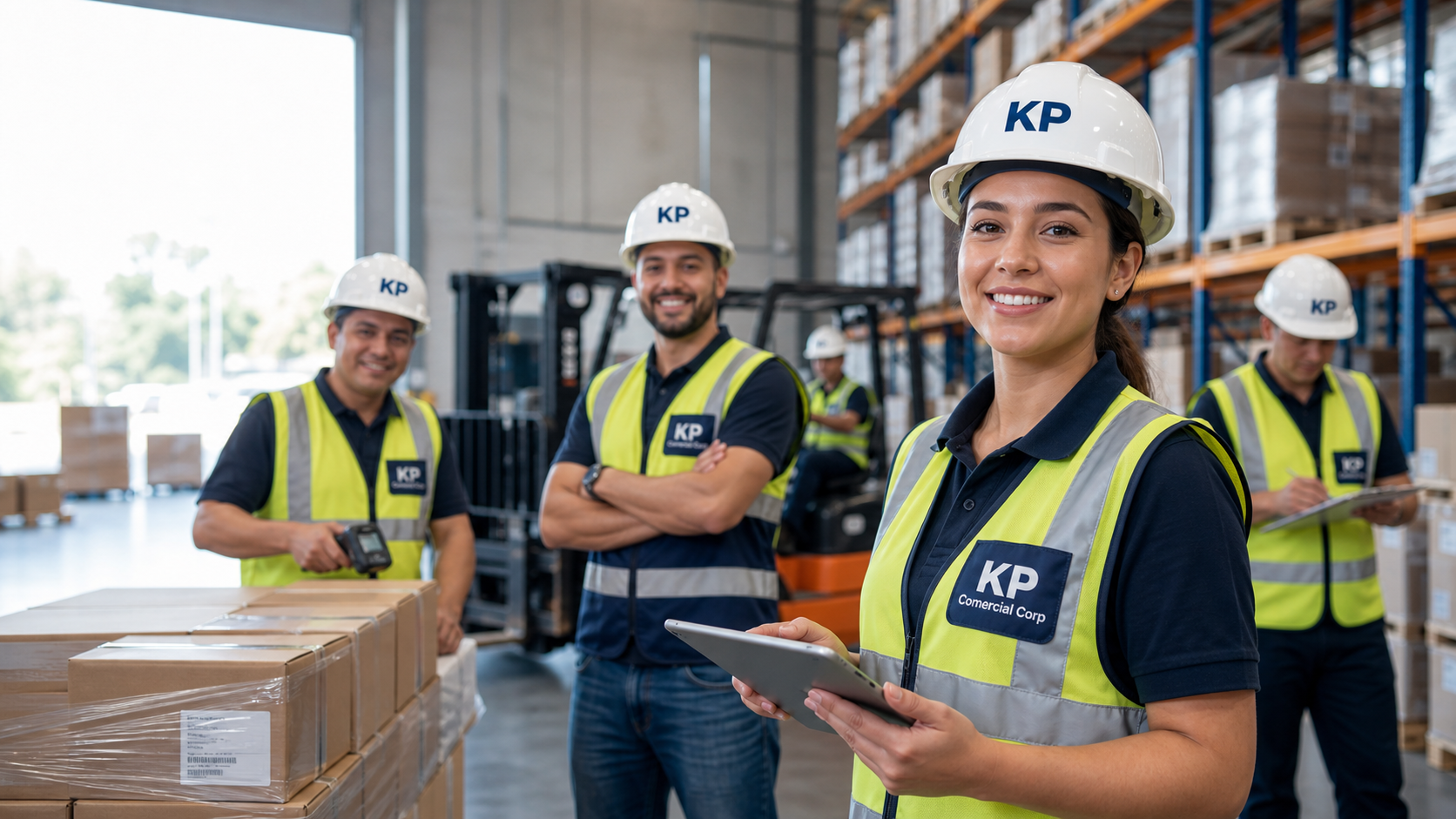 Equipo KP Comercial Corp trabajando en warehouse con cascos KP