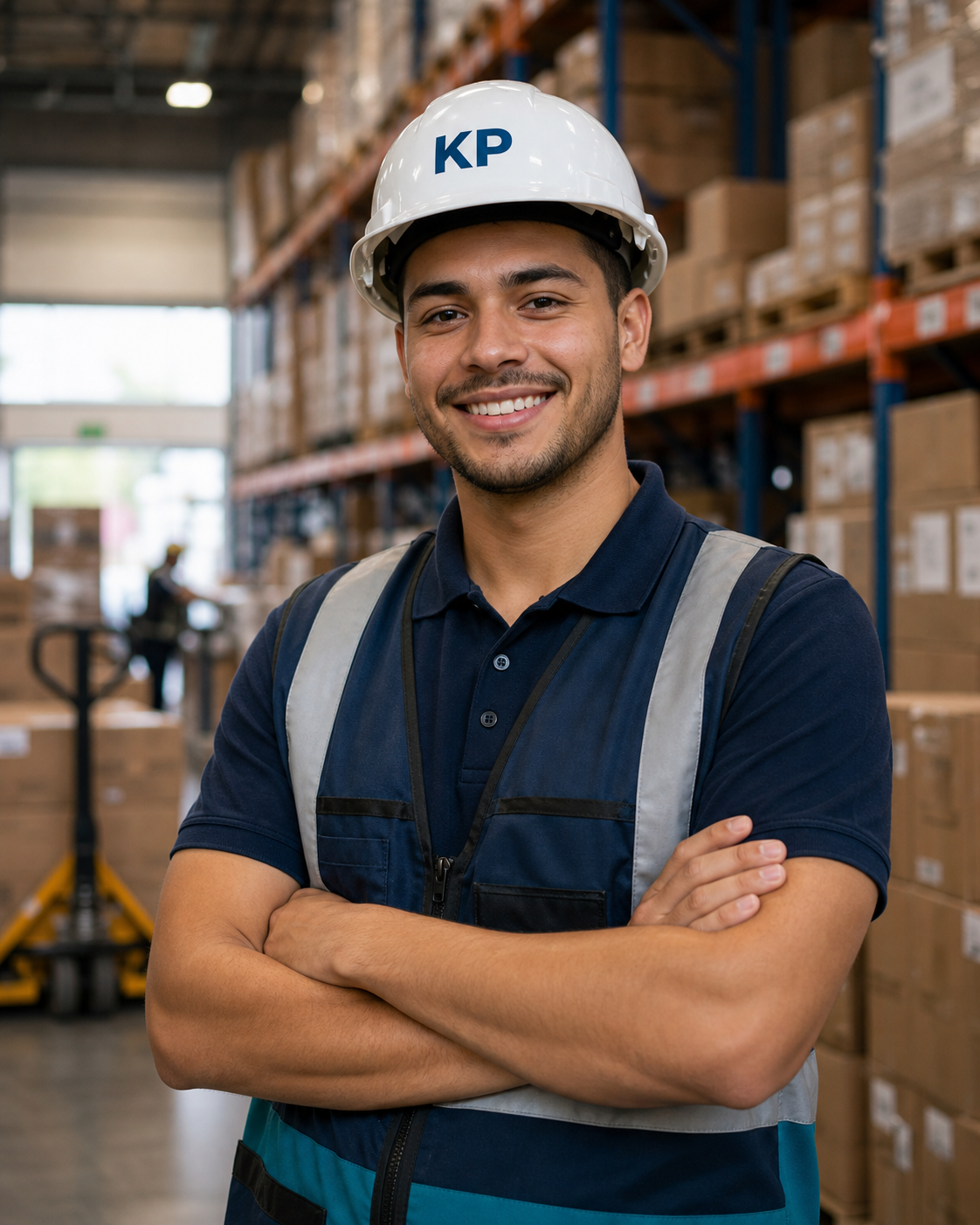 Trabajador de warehouse con casco KP listo para su turno